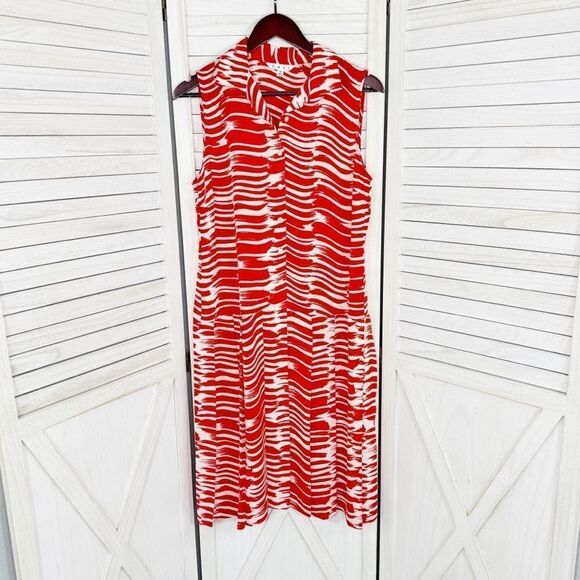 Cabi Brushstroke Drop Waist Pleated Sleeveless Shift Dress Red White Medium - Picture 8 of 13